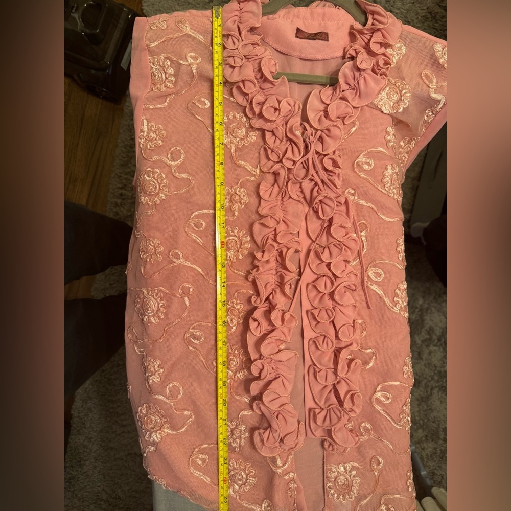 Vintage Pink Embroidered Ruffle Blouse Sheer Floral Tunic Top Boho Romantic - Picture 9 of 9